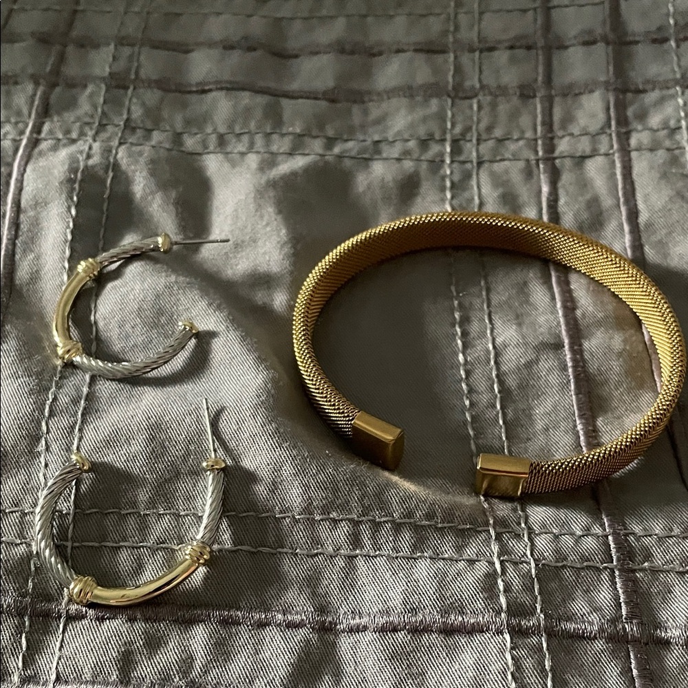 Gold Mesh Cuff Bracelet with Two-Tone Hoop Earrings - Women Jewelry